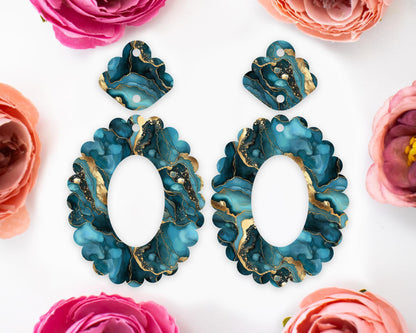 Teal Geode Scallop Oval Earrings Blanks