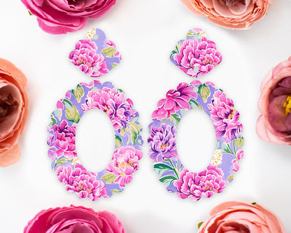Pink & Purple Peony Flowers Scallop Oval Earrings Blanks