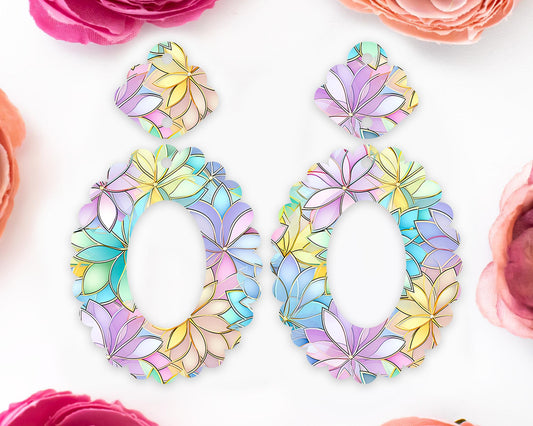 Pastel Flowers Scallop Oval Earrings Blanks