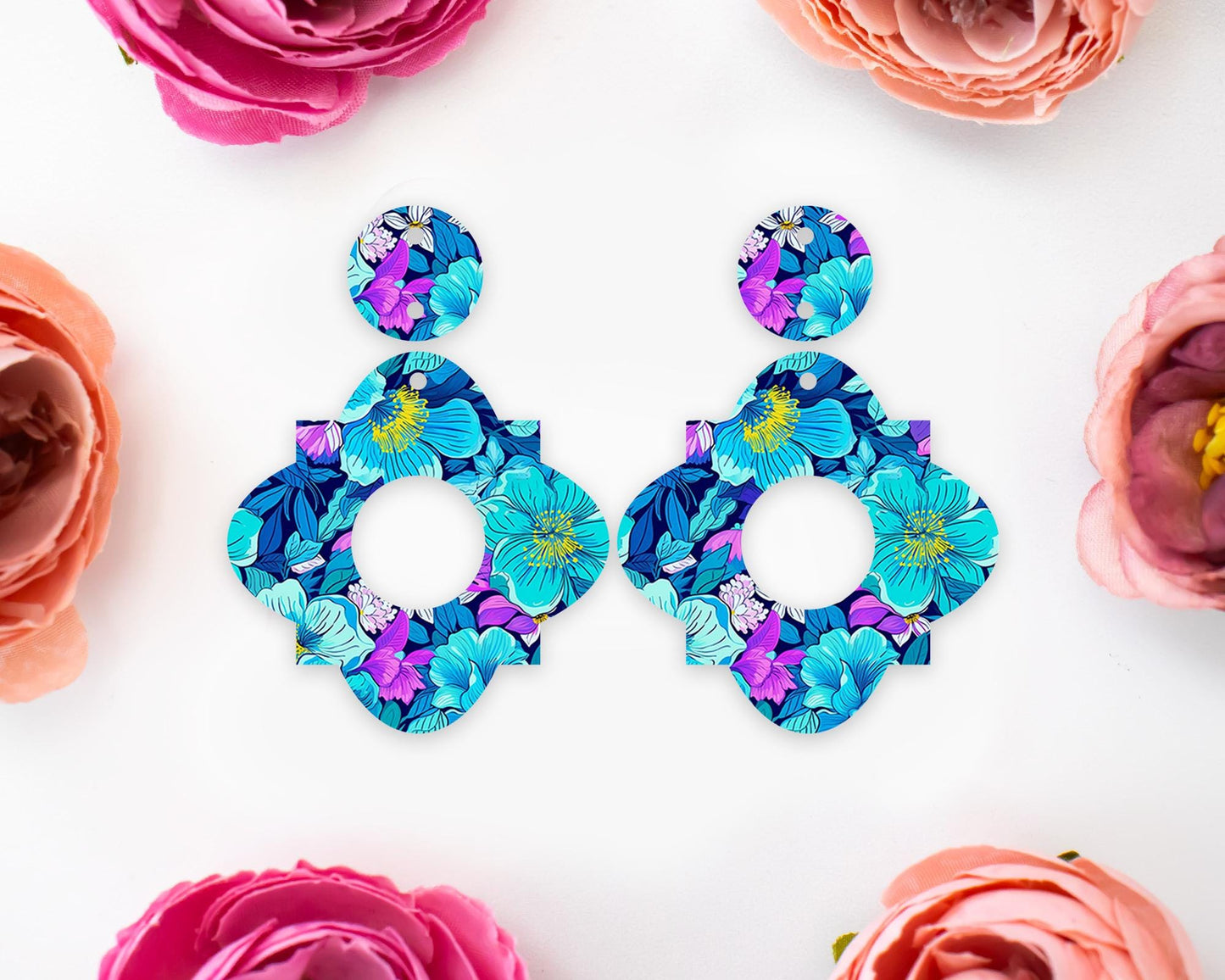 Blue Flowers Geometric Earrings Blanks