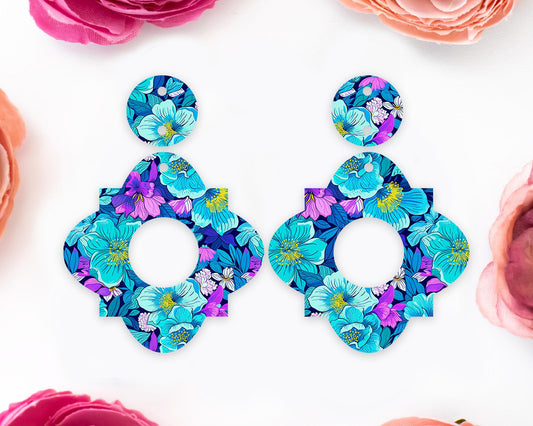 Blue Flowers Geometric Earrings Blanks