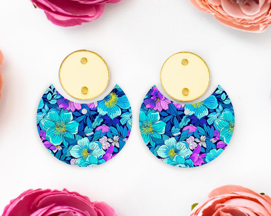 Blue Flowers Circle Drop Earrings Blanks