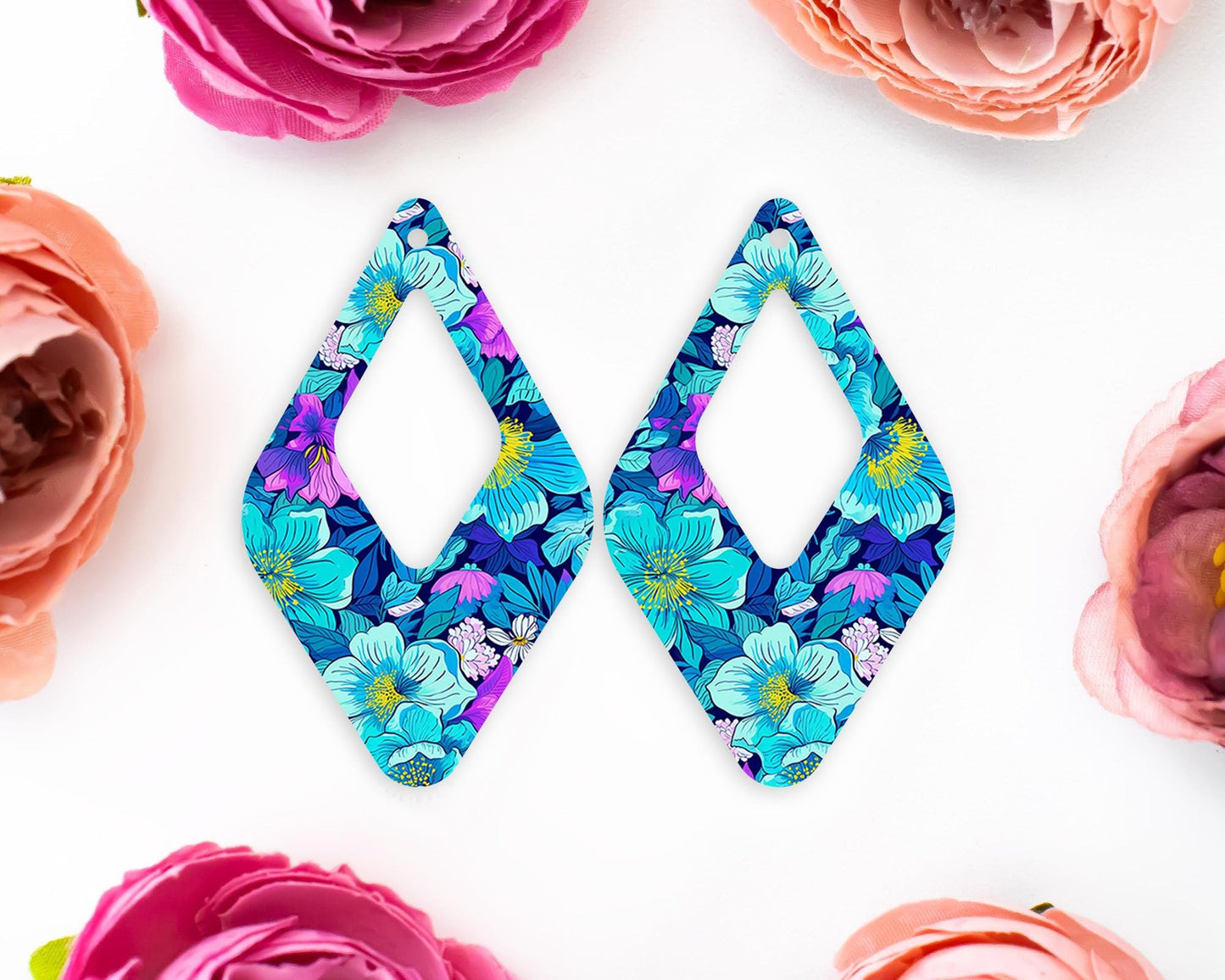 Blue Flowers Teardrop Earrings Blanks