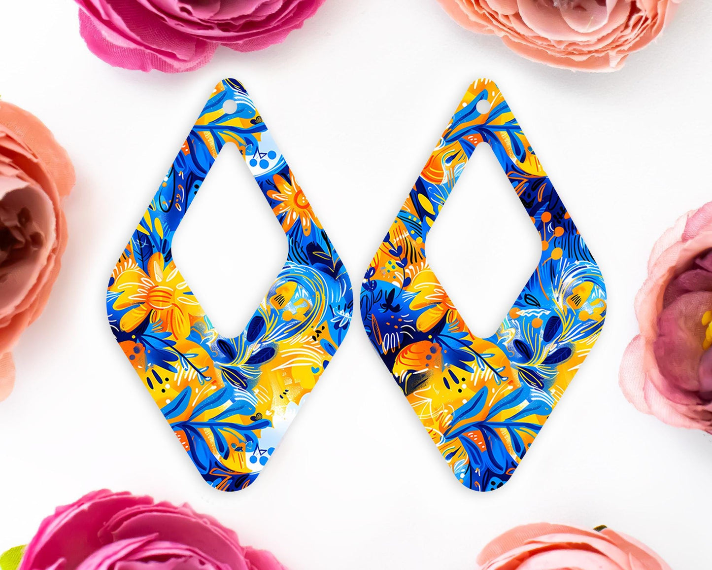 Blue & Orange Flowers Teardrop Earrings Blanks