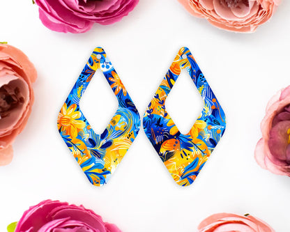 Blue & Orange Flowers Teardrop Earrings Blanks