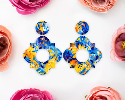 Blue & Orange Flowers Geometric Earrings Blanks