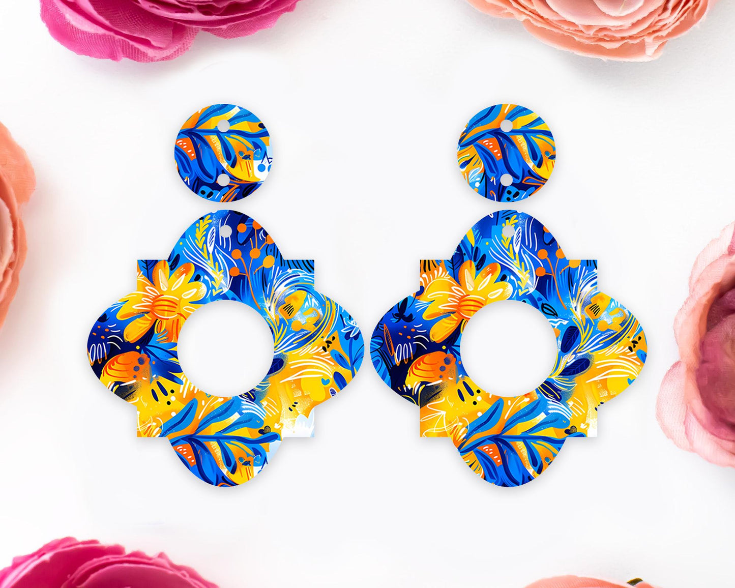 Blue & Orange Flowers Geometric Earrings Blanks