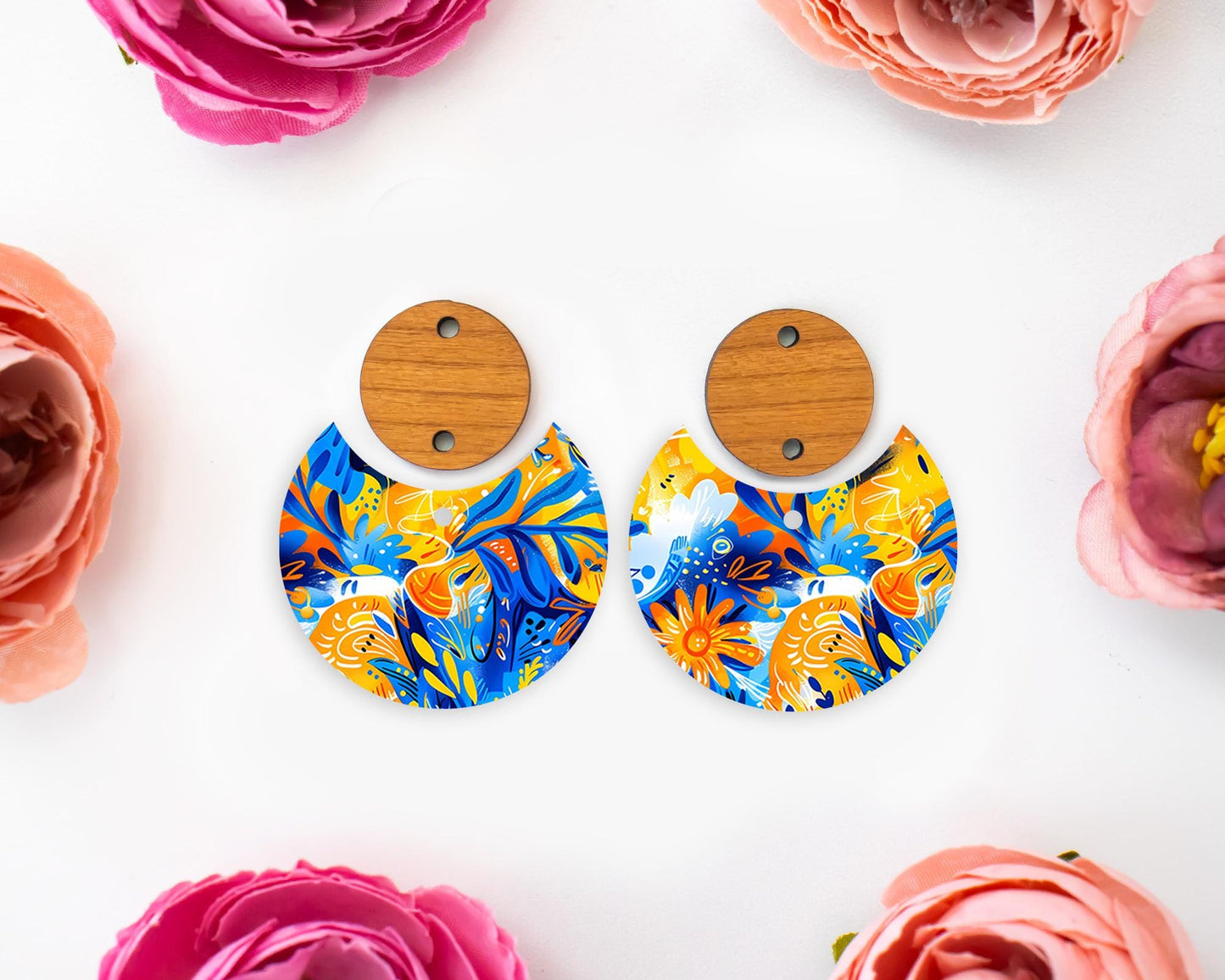 Blue & Orange Flowers Circle Drop Earrings Blanks