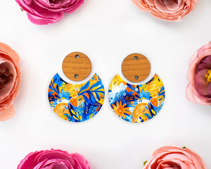 Blue & Orange Flowers Circle Drop Earrings Blanks