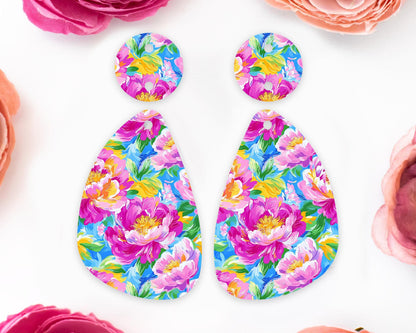 Painted Peony Flowers Teardrop Earrings Blanks