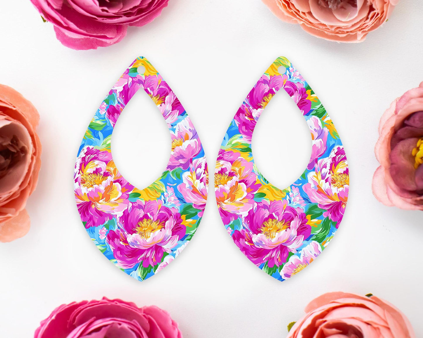 Painted Peony Flowers Teardrop Earrings Blanks