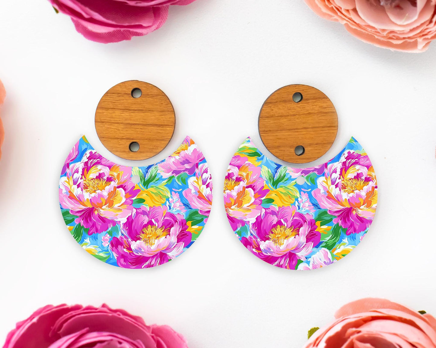 Painted Peony Flowers Circle Drop Earrings Blanks