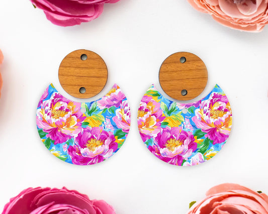 Painted Peony Flowers Circle Drop Earrings Blanks