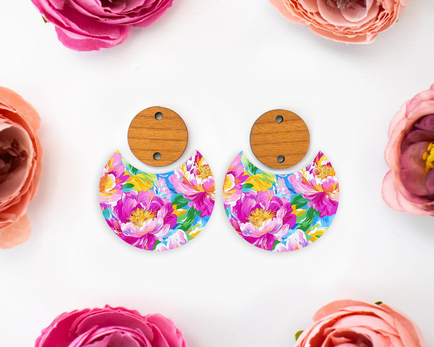 Painted Peony Flowers Circle Drop Earrings Blanks