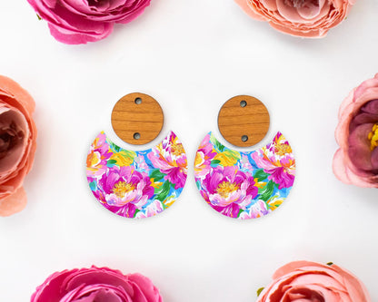 Painted Peony Flowers Circle Drop Earrings Blanks