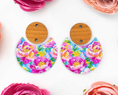 Painted Peony Flowers Circle Drop Earrings Blanks