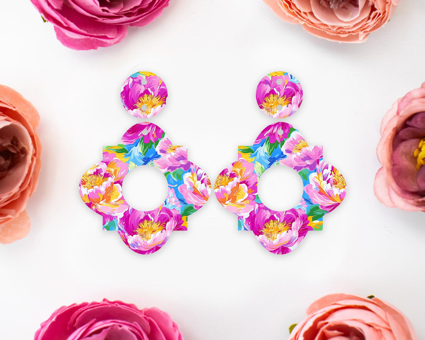 Painted Peony Flowers Geometric Earrings Blanks