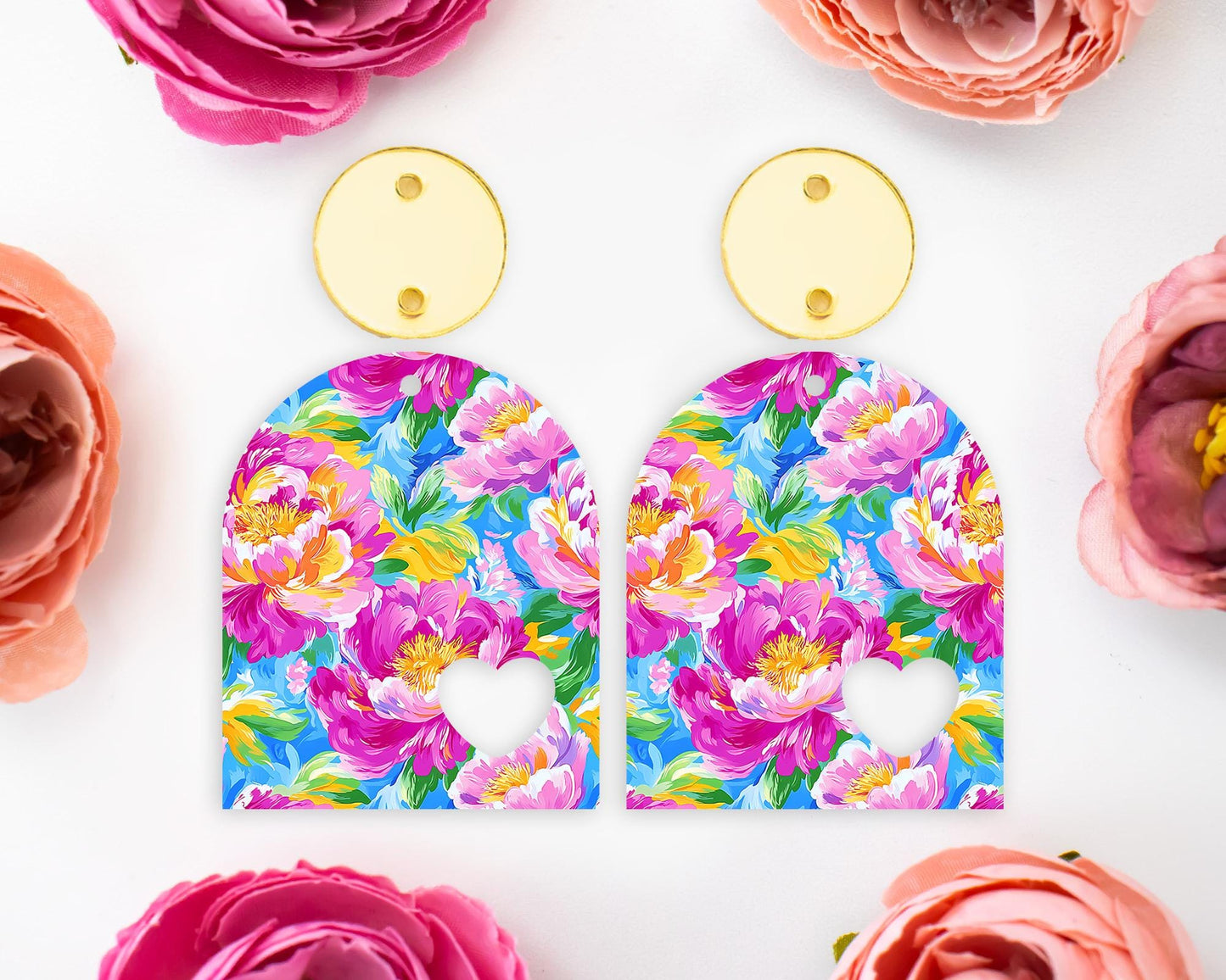 Painted Peony Flowers Heart Arch Earrings Blanks