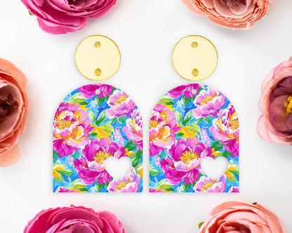 Painted Peony Flowers Heart Arch Earrings Blanks