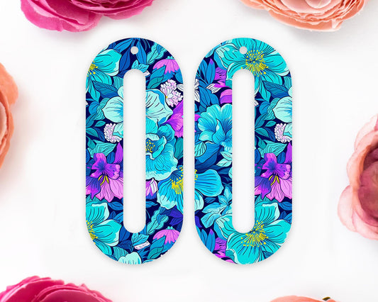 Blue Flowers Elongated Oval Earrings Blanks