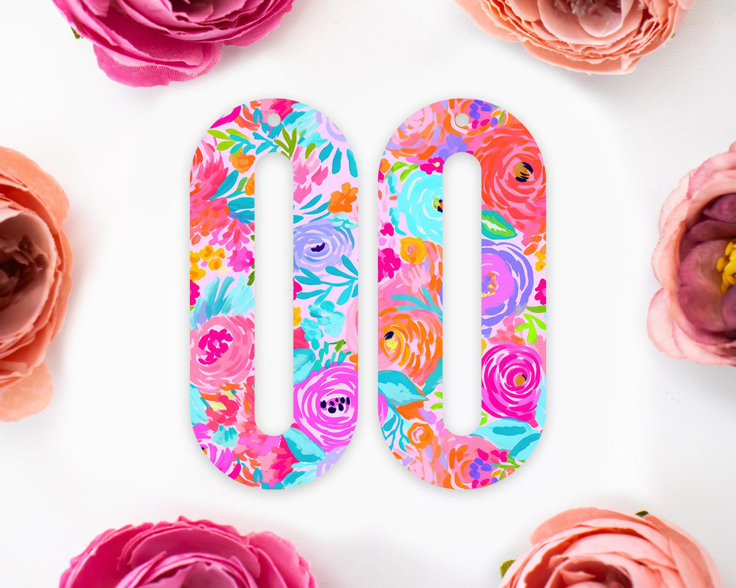 Preppy Flowers Elongated Oval Earrings Blanks