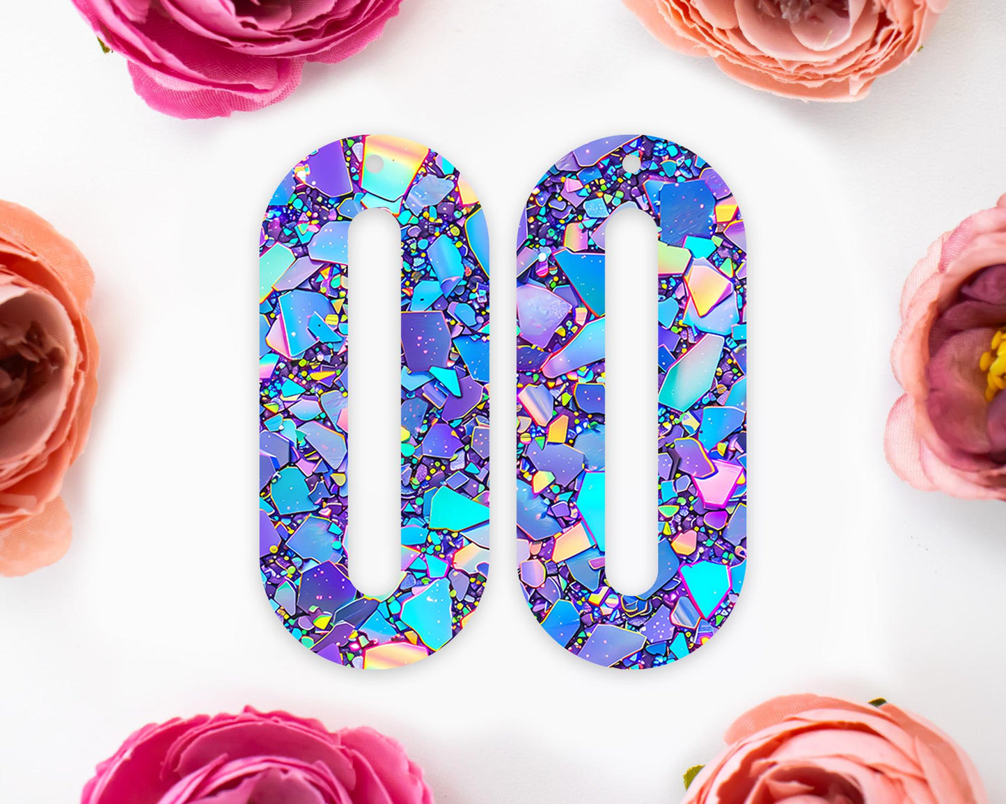 Blue & Purple Confetti Elongated Oval Earrings Blanks