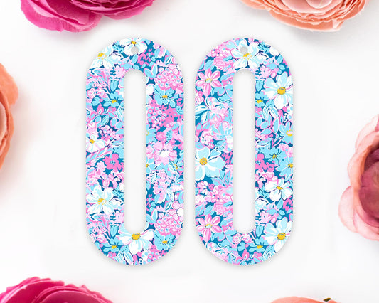 Blue & Pink Flowers Elongated Oval Earrings Blanks