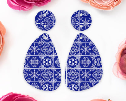 Blue Tile Pattern Teardrop Earrings Blanks