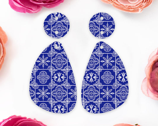 Blue Tile Pattern Teardrop Earrings Blanks