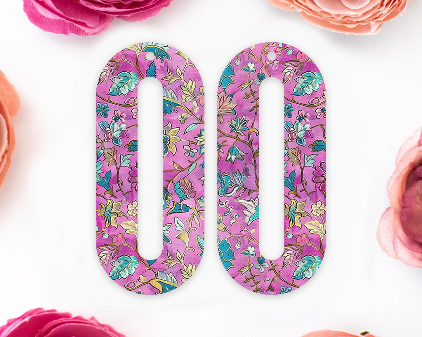 Ornate Flowers Elongated Oval Earrings Blanks