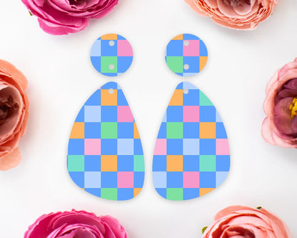 Bright Checkered Pattern Teardrop Earrings Blanks