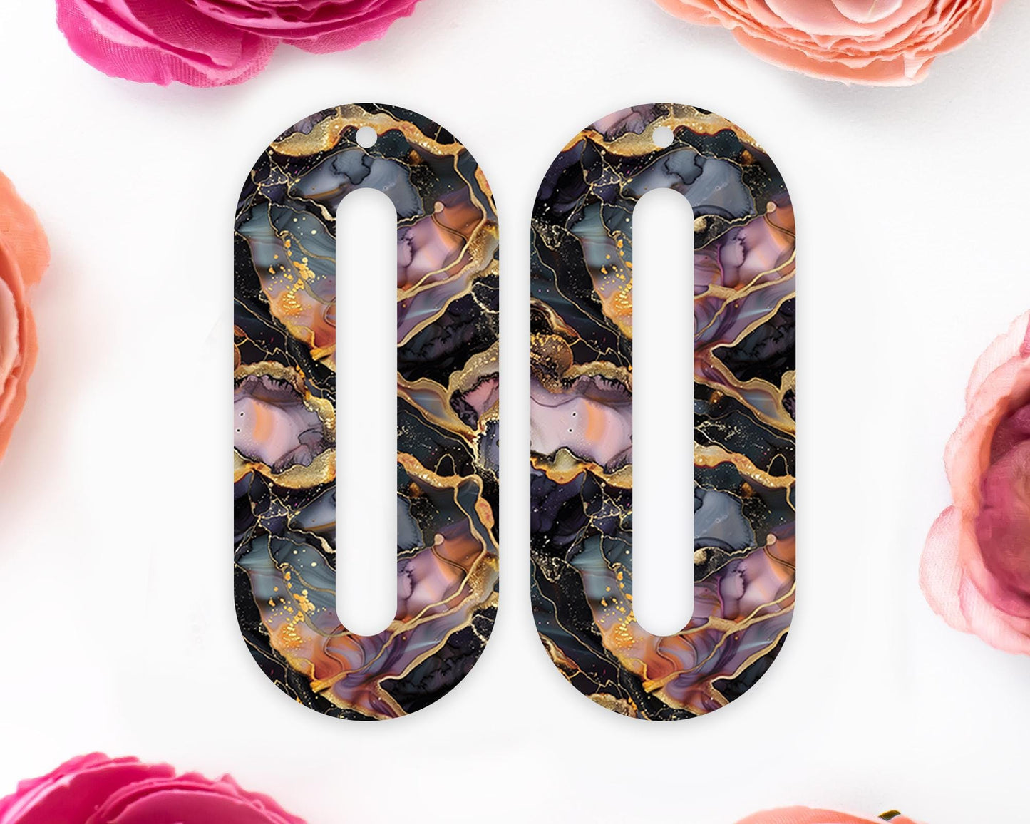 Black & Gold Alcohol Ink Elongated Oval Earrings Blanks