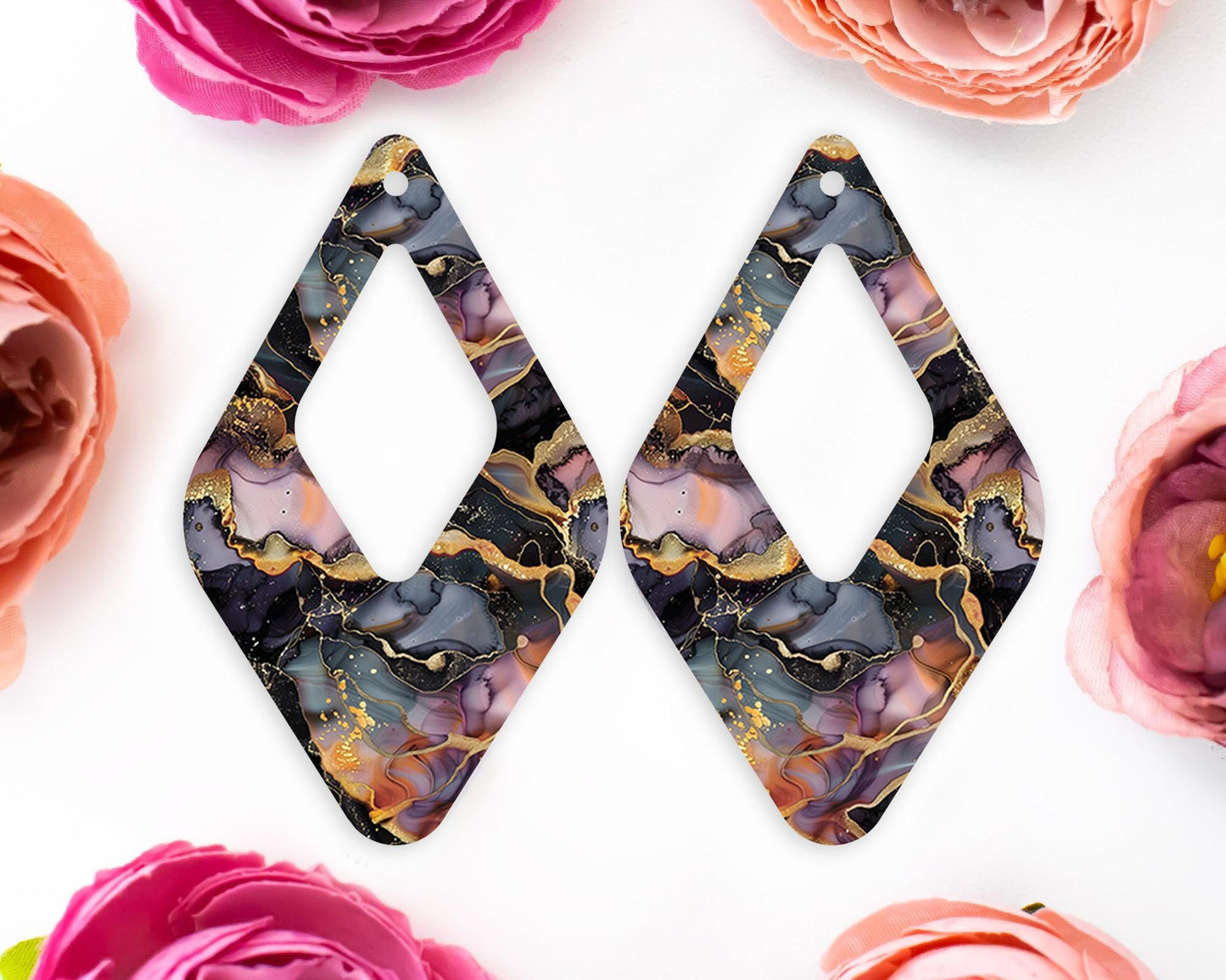 Black and Gold Alcohol Ink Diamond Teardrop Earring Blanks
