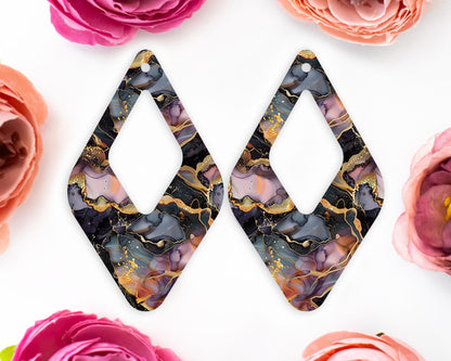 Black and Gold Alcohol Ink Diamond Teardrop Earring Blanks