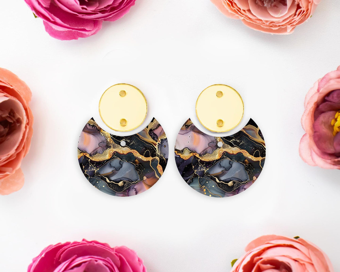 Black and Gold Alcohol Ink Circle Drop Earrings Blanks