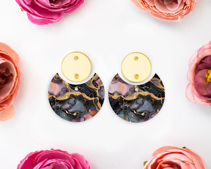 Black and Gold Alcohol Ink Circle Drop Earrings Blanks