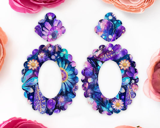 Whimsical Paisley Flowers Scallop Oval Earrings Blanks
