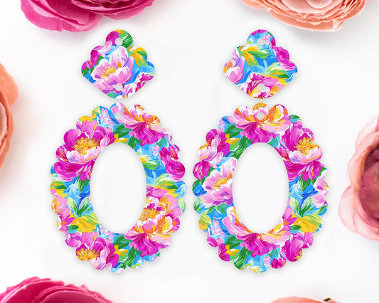 Peony Flowers Scallop Oval Earrings Blanks