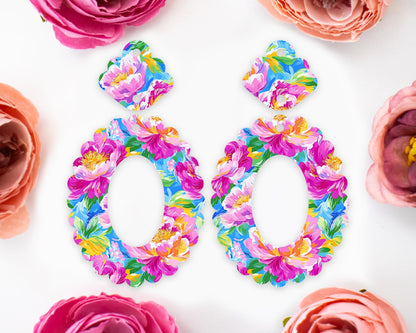 Peony Flowers Scallop Oval Earrings Blanks