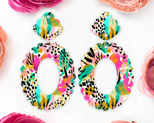 Tropical Animal Print Scallop Oval Earrings Blanks
