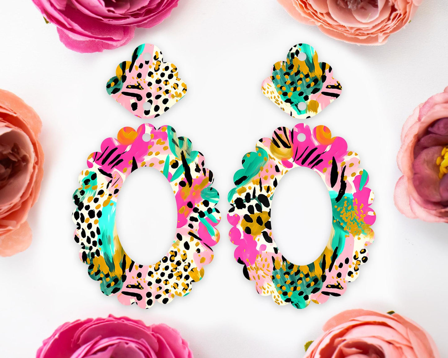 Tropical Animal Print Scallop Oval Earrings Blanks
