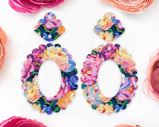 Painted Flowers Scallop Oval Earrings Blanks