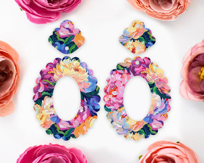 Painted Flowers Scallop Oval Earrings Blanks