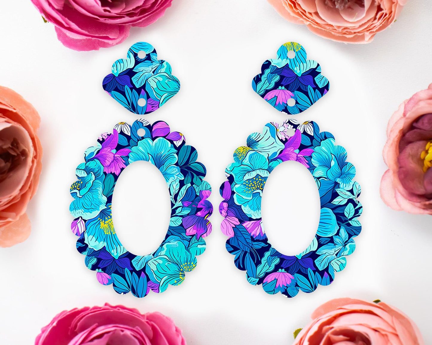 Blue Flowers Scallop Oval Earrings Blanks