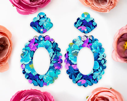 Blue Flowers Scallop Oval Earrings Blanks