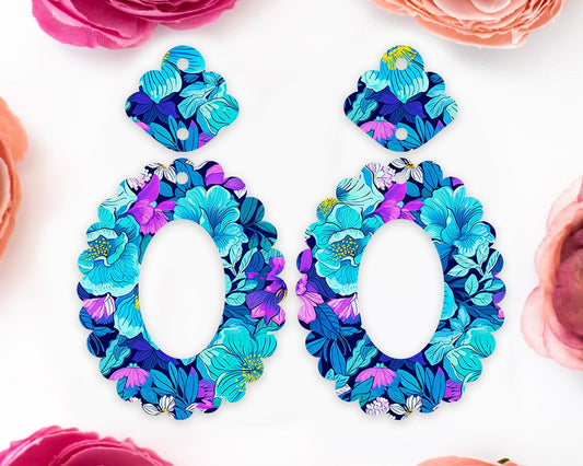Blue Flowers Scallop Oval Earrings Blanks