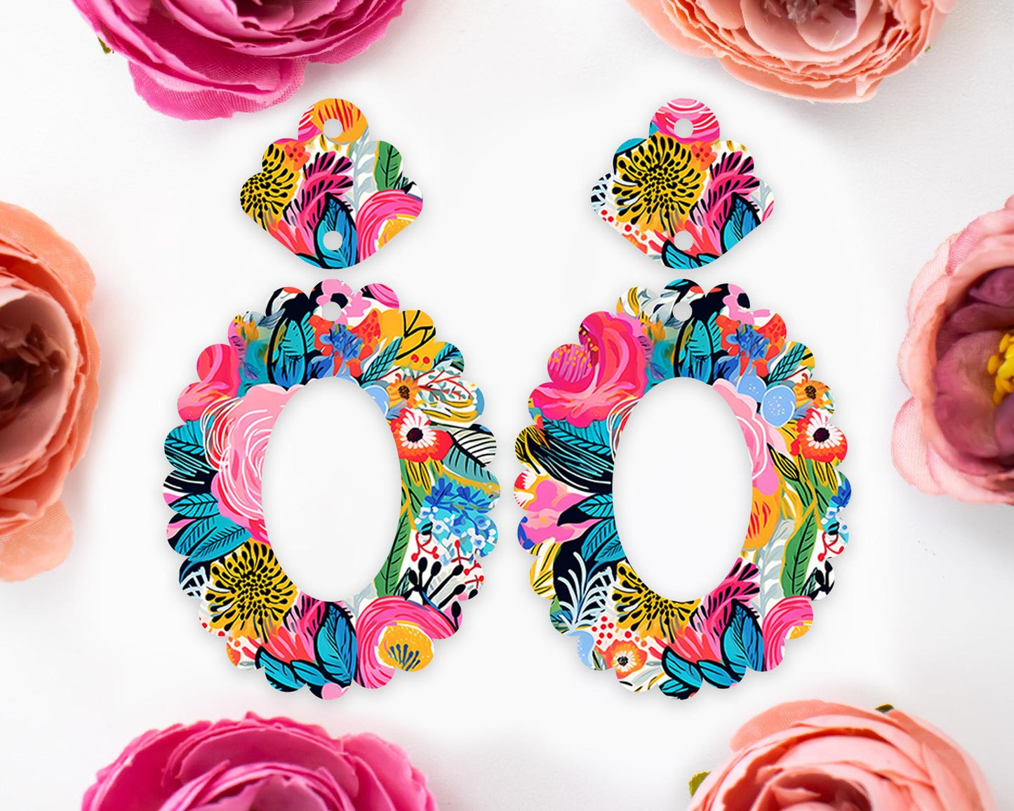 Bright Flowers Scallop Oval Earrings Blanks