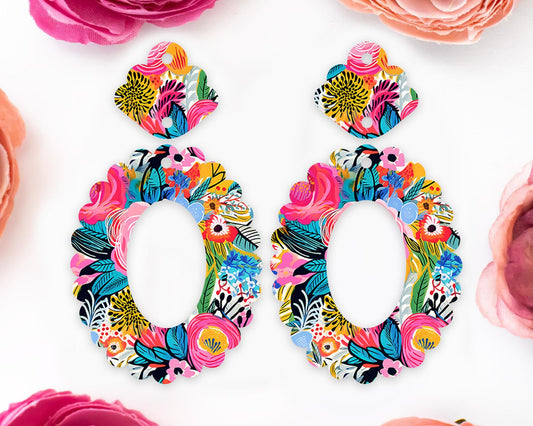 Bright Flowers Scallop Oval Earrings Blanks