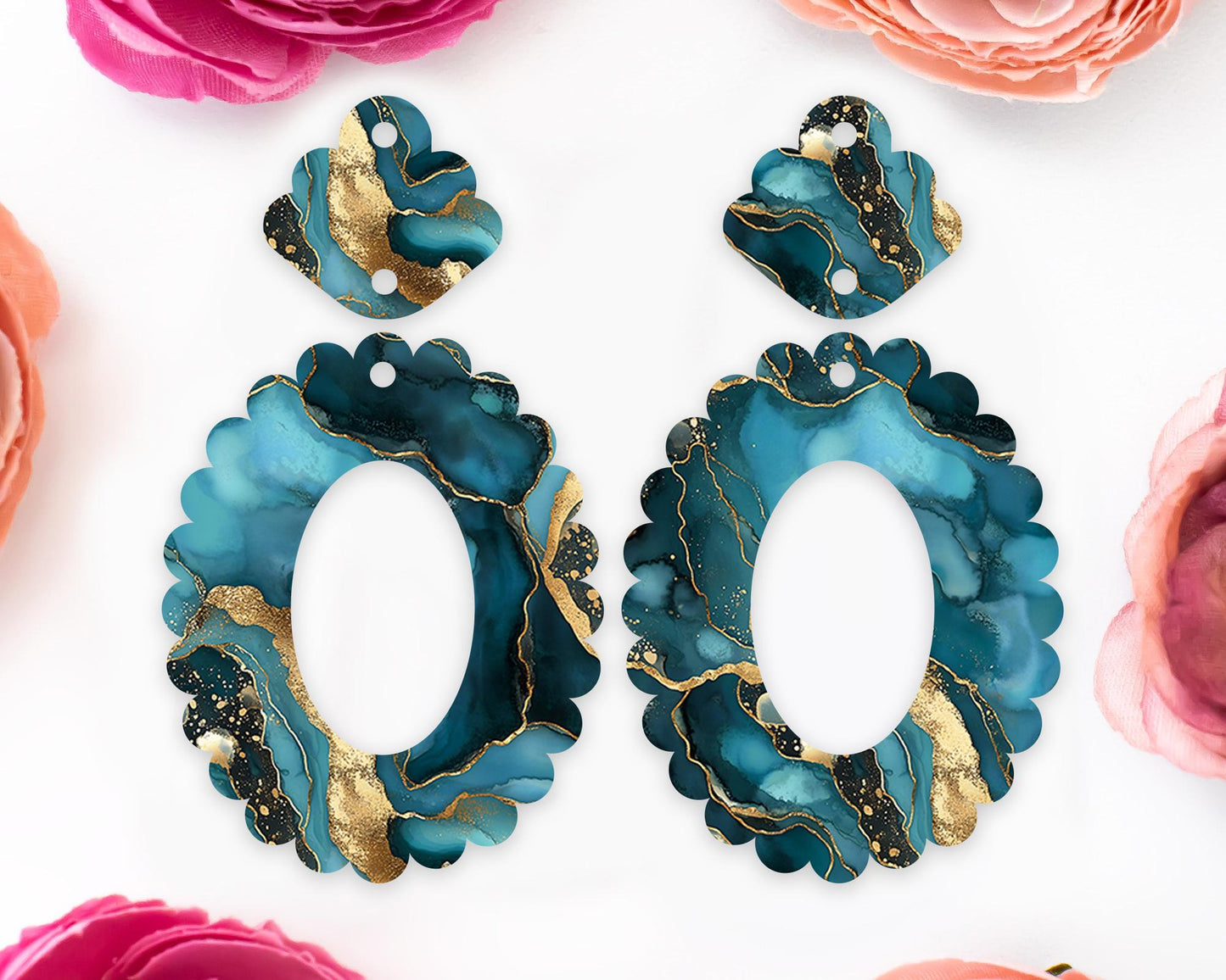 Teal Geode Scallop Oval Earrings Blanks
