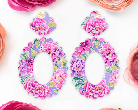 Pink & Purple Peony Flowers Scallop Oval Earrings Blanks